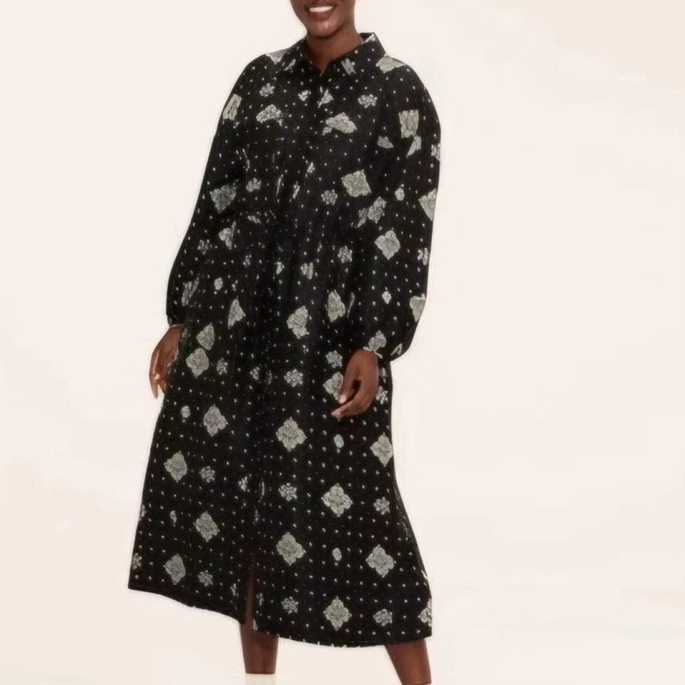 Woolrich Black Long Sleeve Printed Midi Shirt Dress